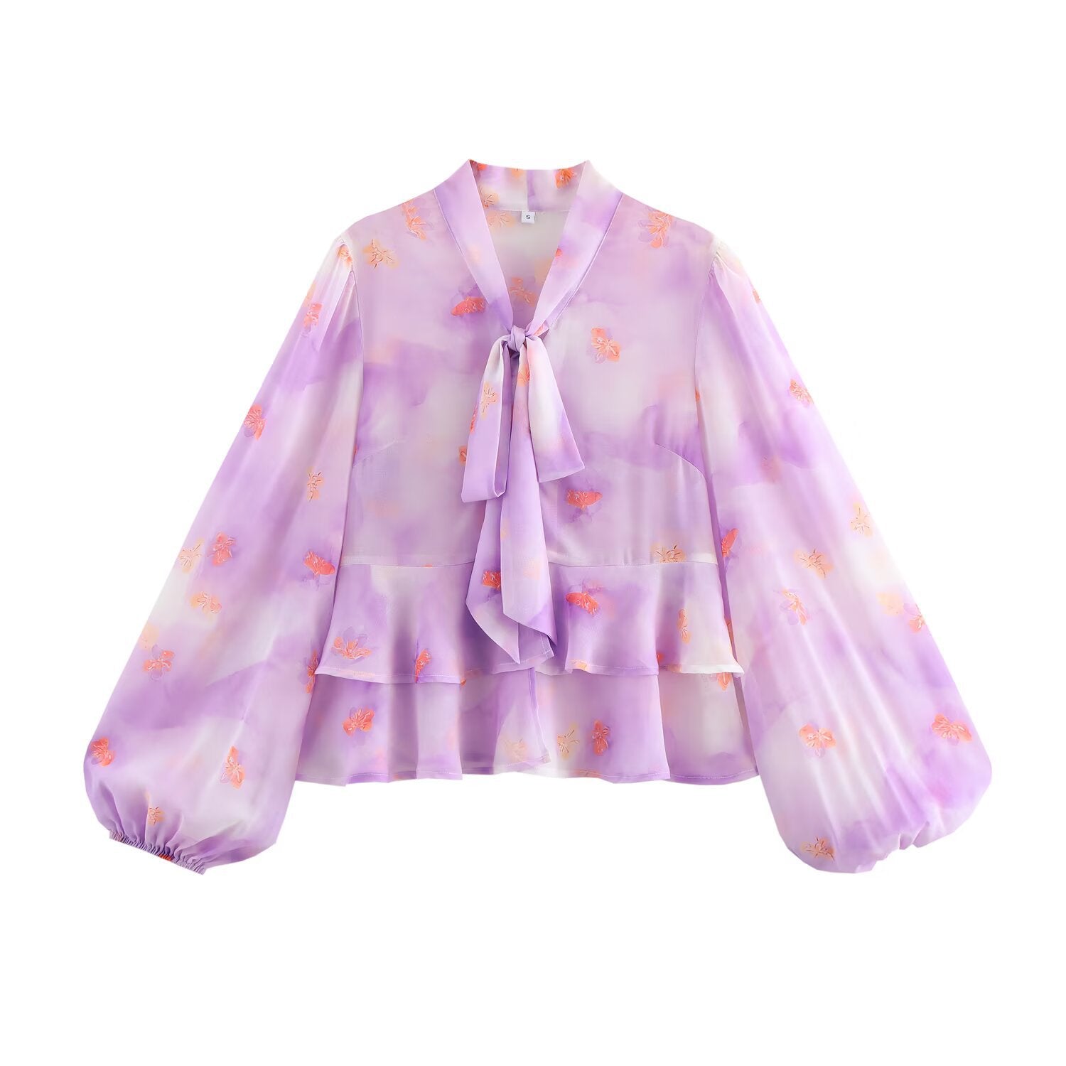 Dam Chiffon Blus Rynkade Ärmar Luftig Avslappnad Passform 5