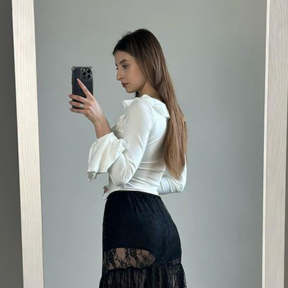 Kvinnors Festtopp Ruffle Högkvalitativ Blandning av Bomull och Polyester 2