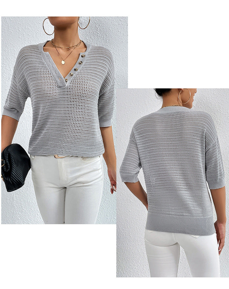 Dam Tröja V-ringad Lätt Akryl Korta Ärmar-2