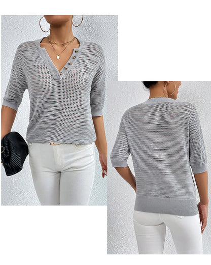 Dam Tröja V-ringad Lätt Akryl Korta Ärmar-2
