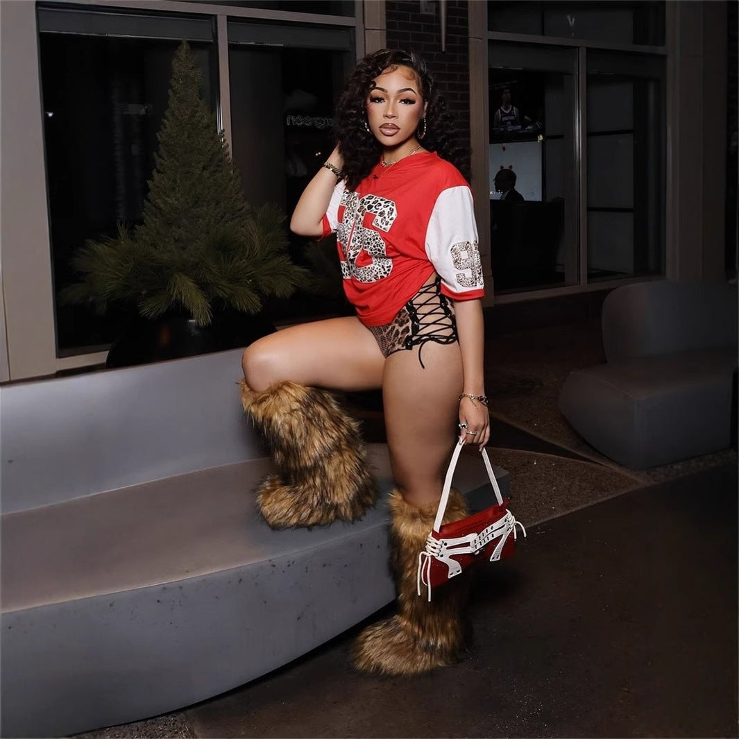 Dam T-Shirt Kortärmad Leopardtryck Polyester Spandex-4