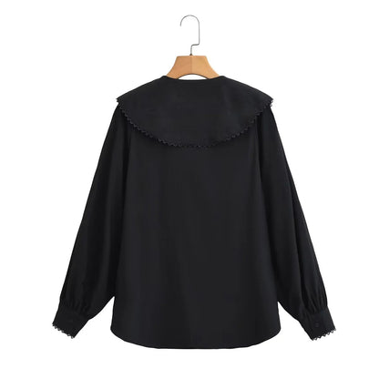 Dam Blus Voluminös Krage Långärmad Andningsbart Tyg-4