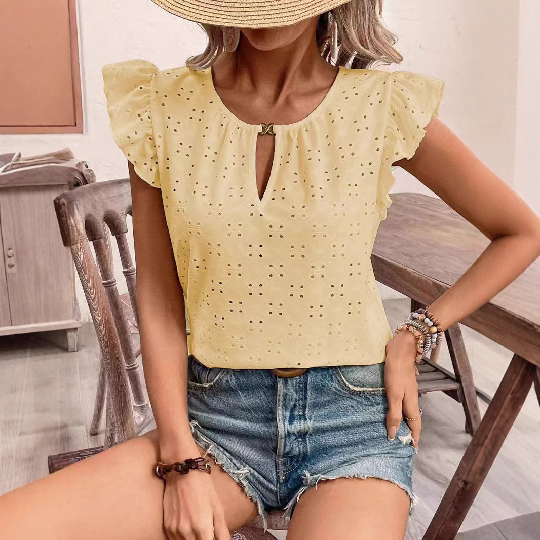 Festtopp Dam med V-ringning och Jacquarddesign - Kort Ärmar i Lätt Polyester för Fest och Vardag 1