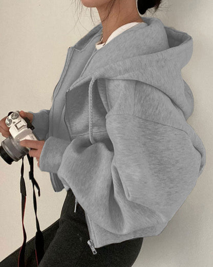 Dam Kort Hoodie Monokrom Bomull Hiphop Stil-1