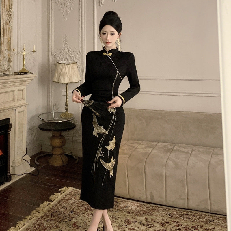 Dam Midi Klänning Broderad Långärmad Högkvalitativ Tygblandning 4