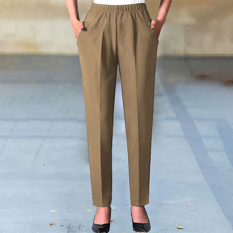 Kvinnors Chino-byxor med Elastiskt Midjeband, Rakt Snitt, Andningsbart Tyg och Praktiska Väskor 10