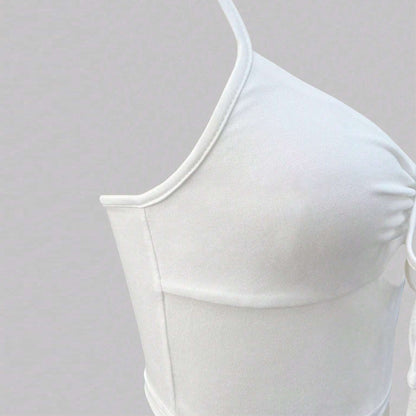 Monokrom Topp för Dam med Snörning – Vit Polyester, Lätt Elastisk, Modern Design 5