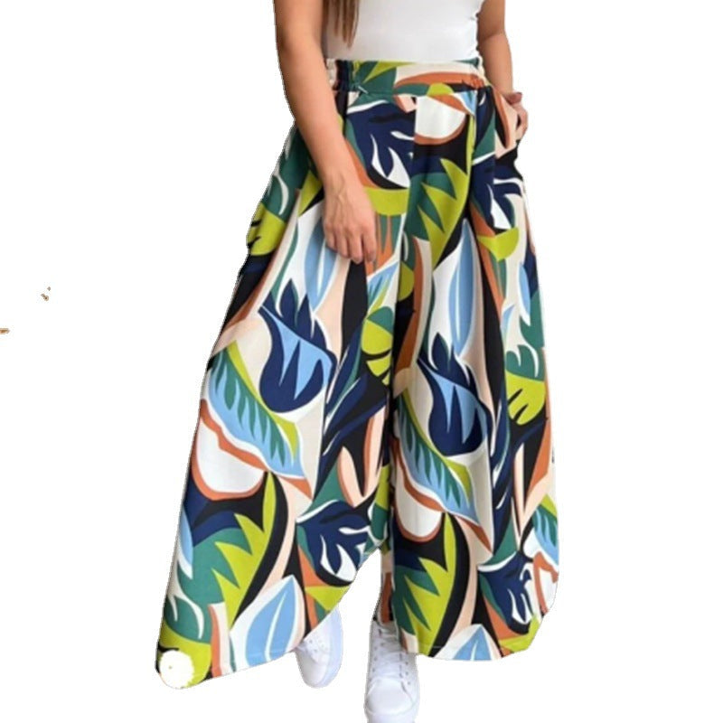 Höga Midja Bredbenade Byxor för Kvinnor i Elastiskt Tyg med Tryckt Mönster – Trendig och Bekväm Stil 2
