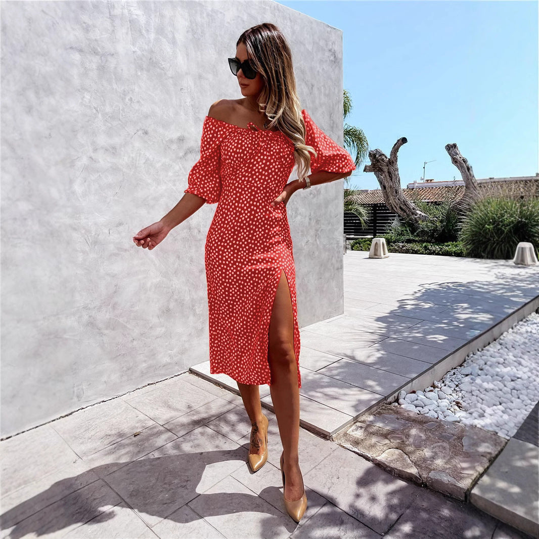 Kvinnors Midi Klänning Off-Shoulder Tryckt Polyester-4