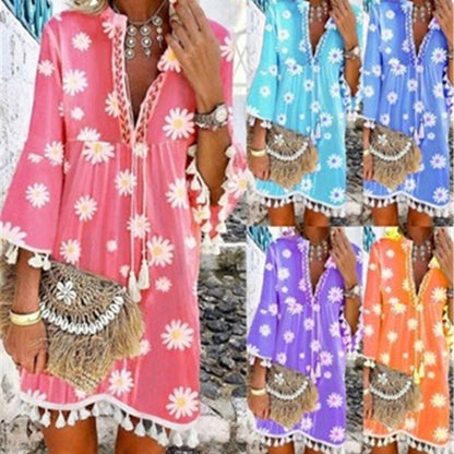 Dam Klänning Midi A-Linjeform V-ringning Tre-kvartsärmar Polyester Blommönster-2