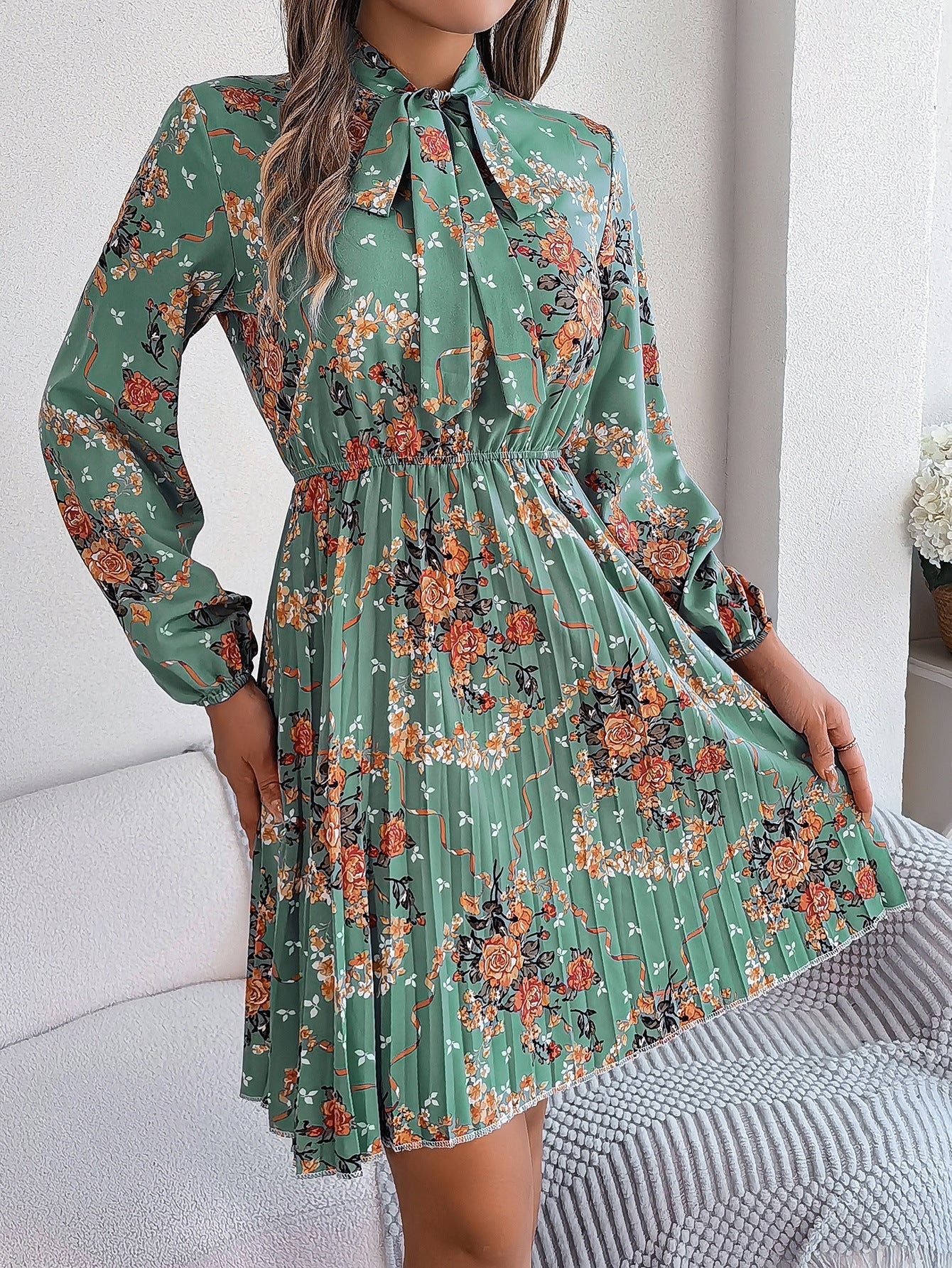 Variant image for Kvinna Midi Kjol Blommig Snörning Långärmad Polyester-5