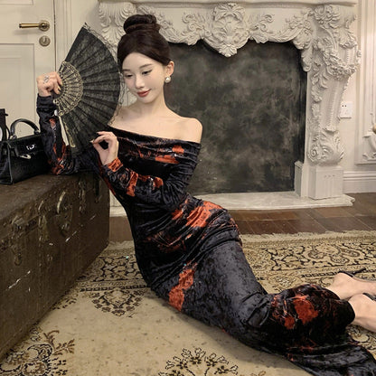 Maxiklänning Dam Axelfri Blommig Design Långärmad Polyester-4