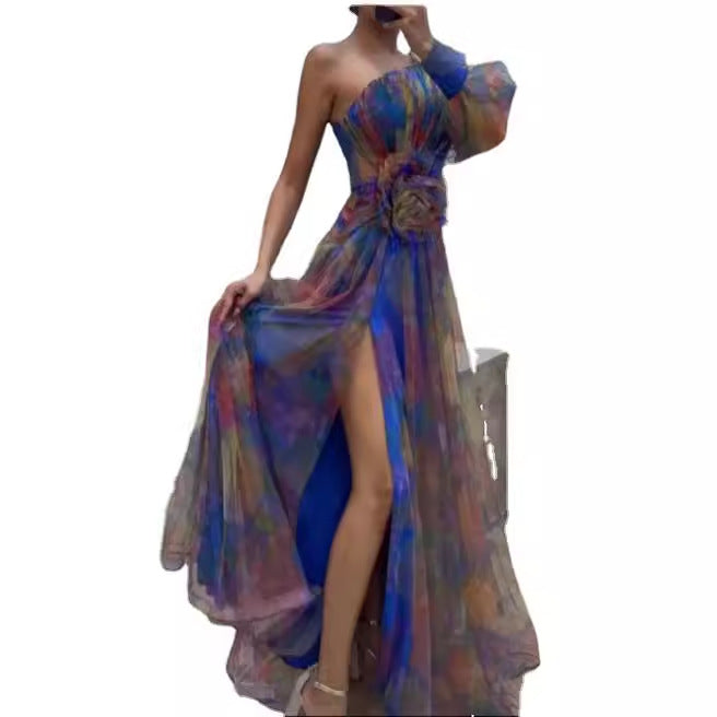 Maxi Klänning Dam Asymmetrisk Blommig Polyester Långa Ärmar-6