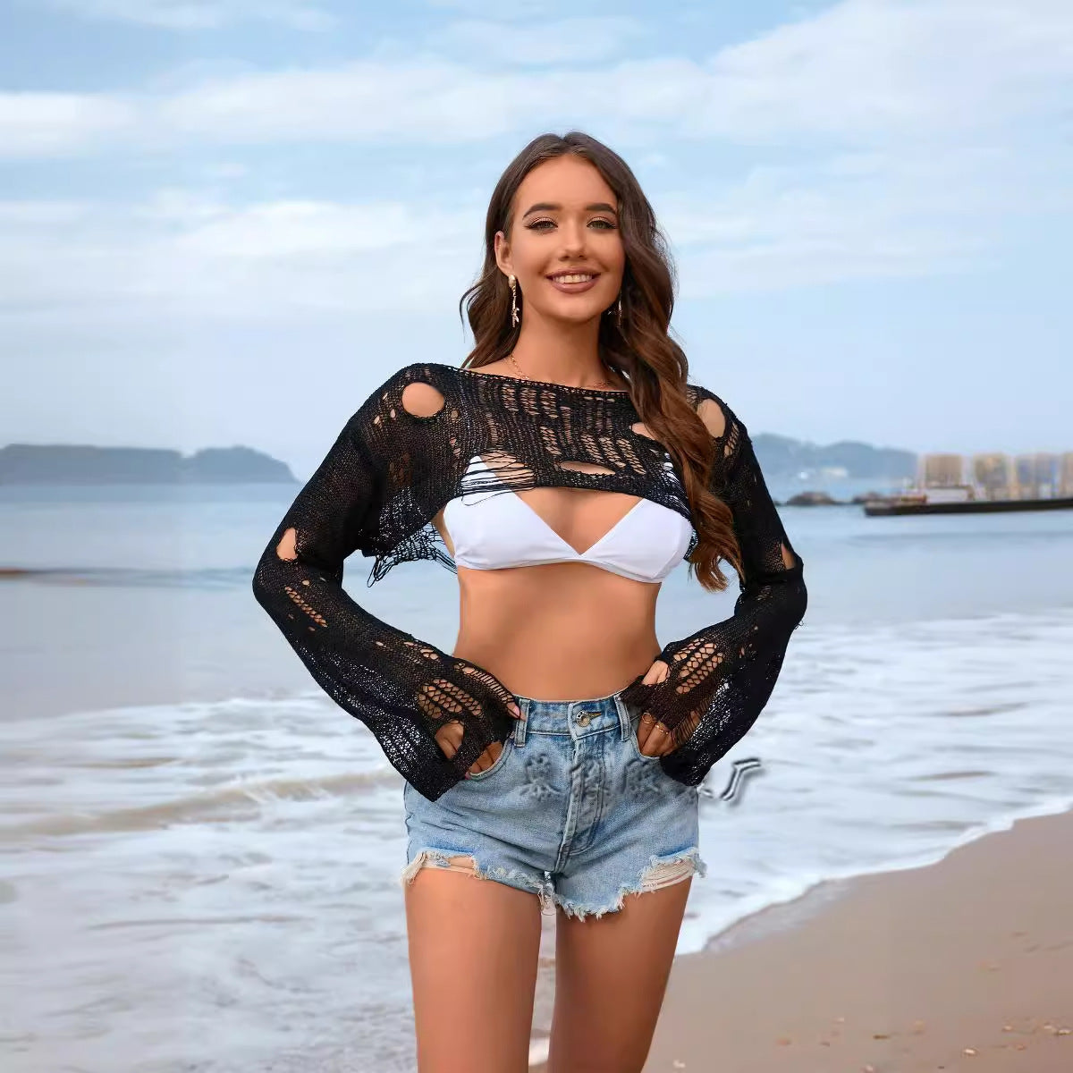 Dam Tröja Off-Shoulder med Volangärmar i Nylon-4