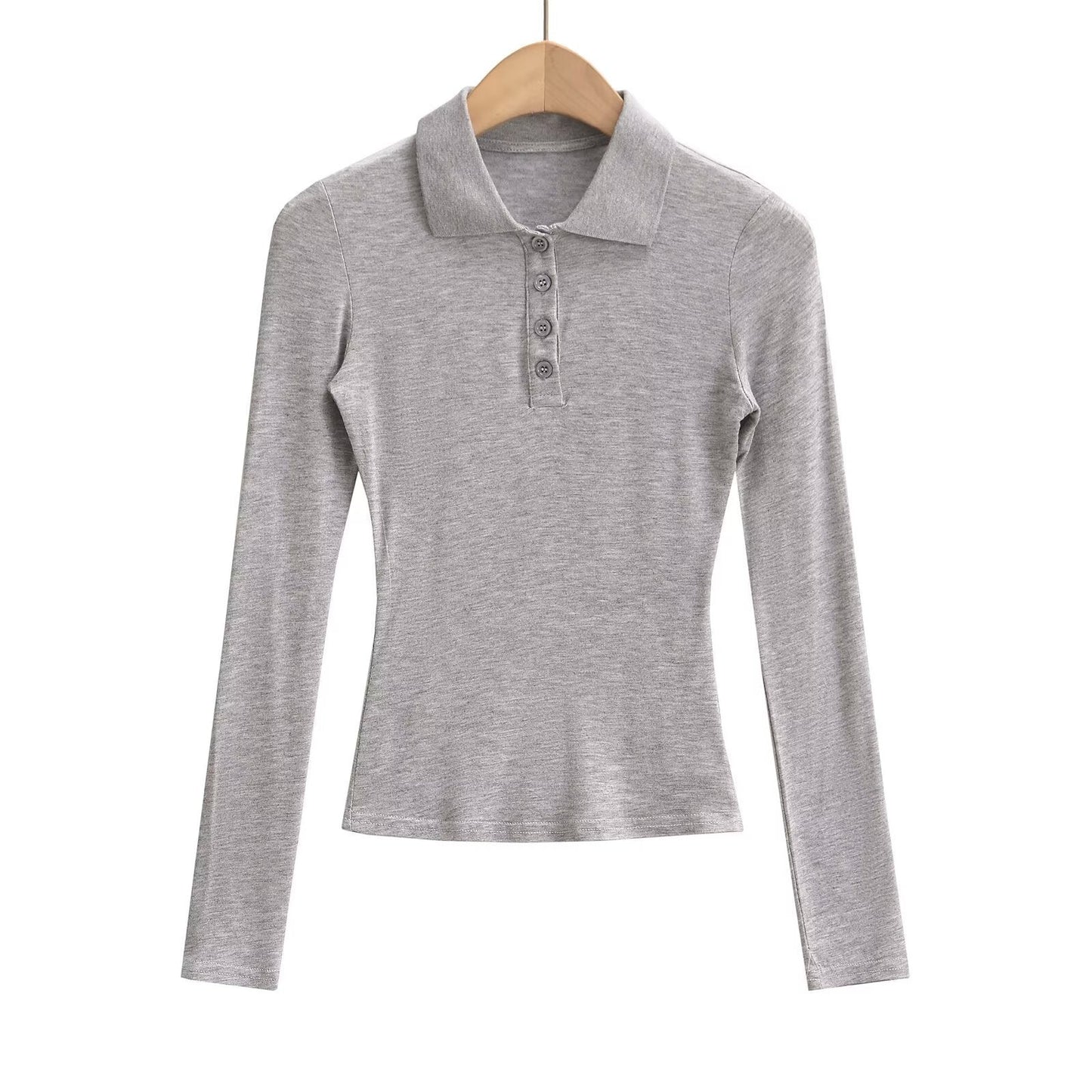 Kvinnors Långärmad Polo-Topp Elastisk med Knappdetaljer 1
