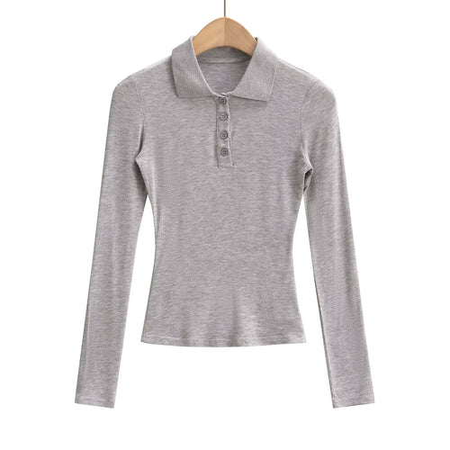 Kvinnors Långärmad Polo-Topp Elastisk med Knappdetaljer 1