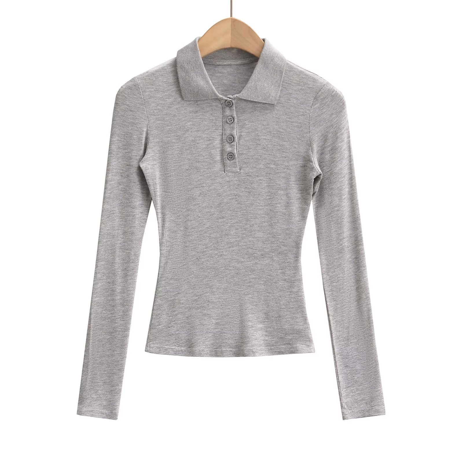Kvinnors Långärmad Polo-Topp Elastisk med Knappdetaljer 6