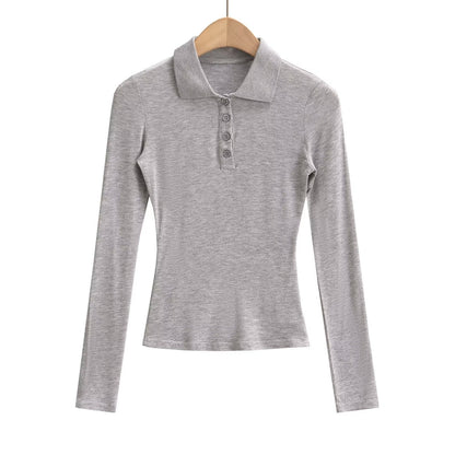 Kvinnors Långärmad Polo-Topp Elastisk med Knappdetaljer 6