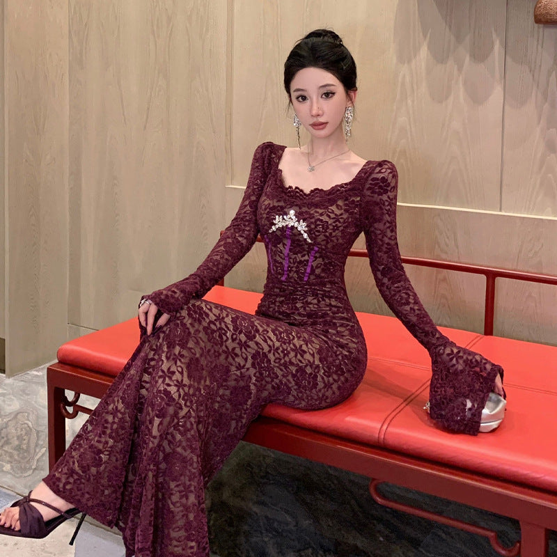 Kvinnors Klänning U-hals Långa Spetsiga Ärmar Polyester Elastan Rhinestones-4