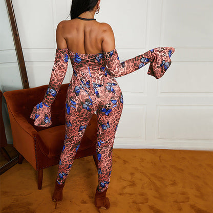 Dam Jumpsuit Axelfri Elastiskt Tyg Leopardmönster med Fjärilar-2