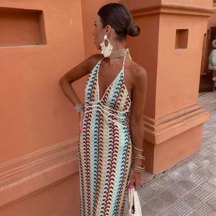 Kvinnors Stickad Klänning Djup V-ringning Vågmönster-4