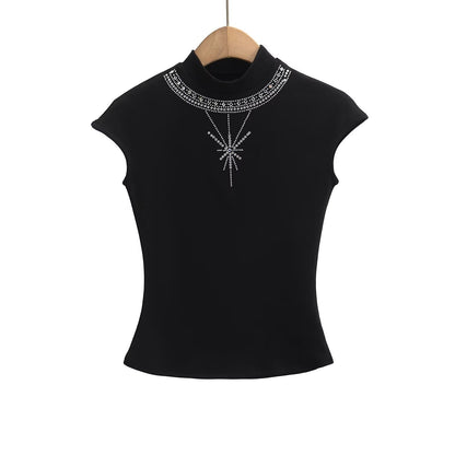 Kvinnor Kortärmad Topp med Chic Stand-Up Krage och Glänsande Strassdetaljer – Vit, Mjuk Bomullsblandning 3