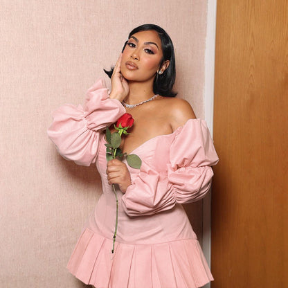 Kvinnors Miniklänning Off-Shoulder Volangärmar Samlad Kjol Andningsbart Tyg 5