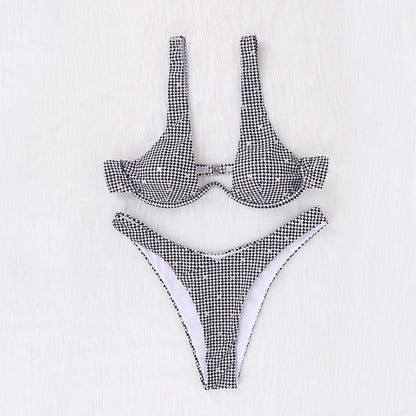 Damtriangelbikini Houndstooth Design Elastiskt Tyg-1