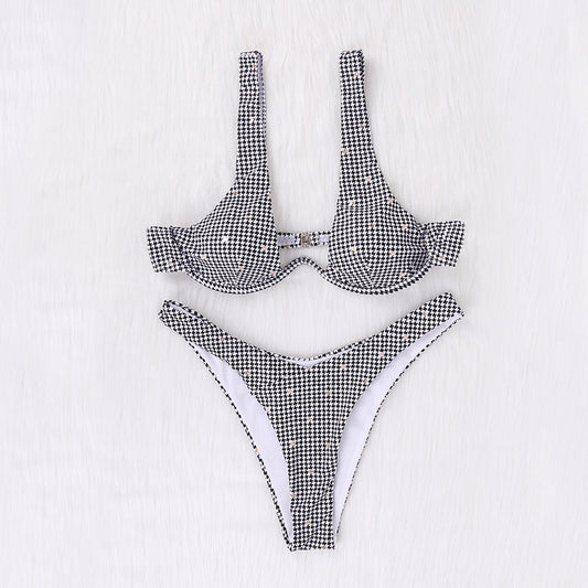 Damtriangelbikini Houndstooth Design Elastiskt Tyg-1