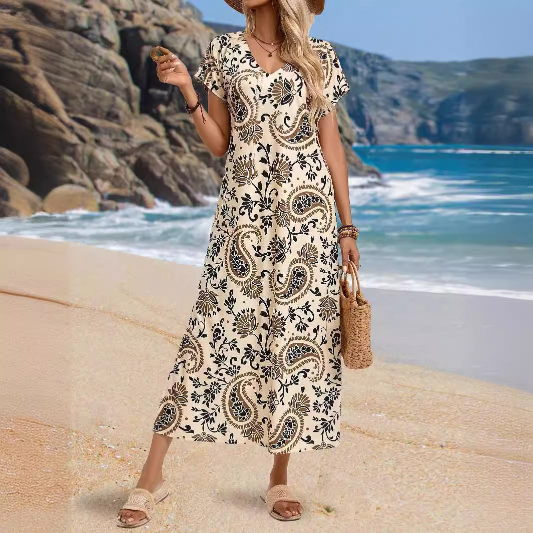 Elegant V-Neck A-Linje Damklänning i Aprikos med Korta Ärmar och Sidospår – Perfekt för Sommarfester och Bröllop 2