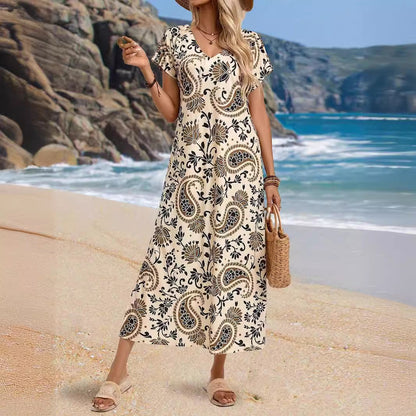 Elegant V-Neck A-Linje Damklänning i Aprikos med Korta Ärmar och Sidospår – Perfekt för Sommarfester och Bröllop 2