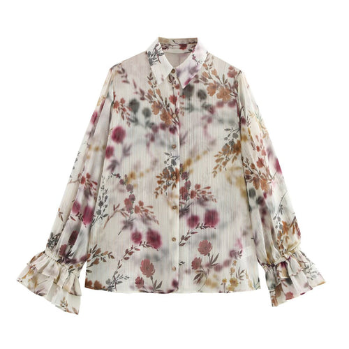 Dam Skjorta Blommig Elegant Polyester Korta Ärmar-1