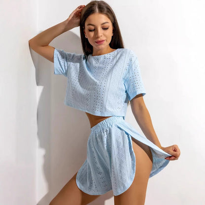 Dam Pyjamas Set Geometriskt Mönster Kort Ärmar Polyester-5