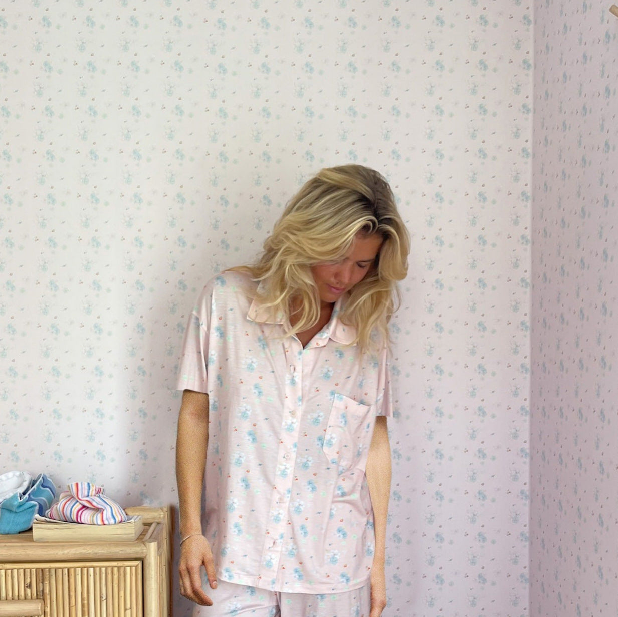 Dam Hemkläder Blommigt Kortärmad Polyester Uppsättning-3