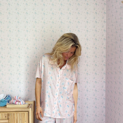 Dam Hemkläder Blommigt Kortärmad Polyester Uppsättning-3