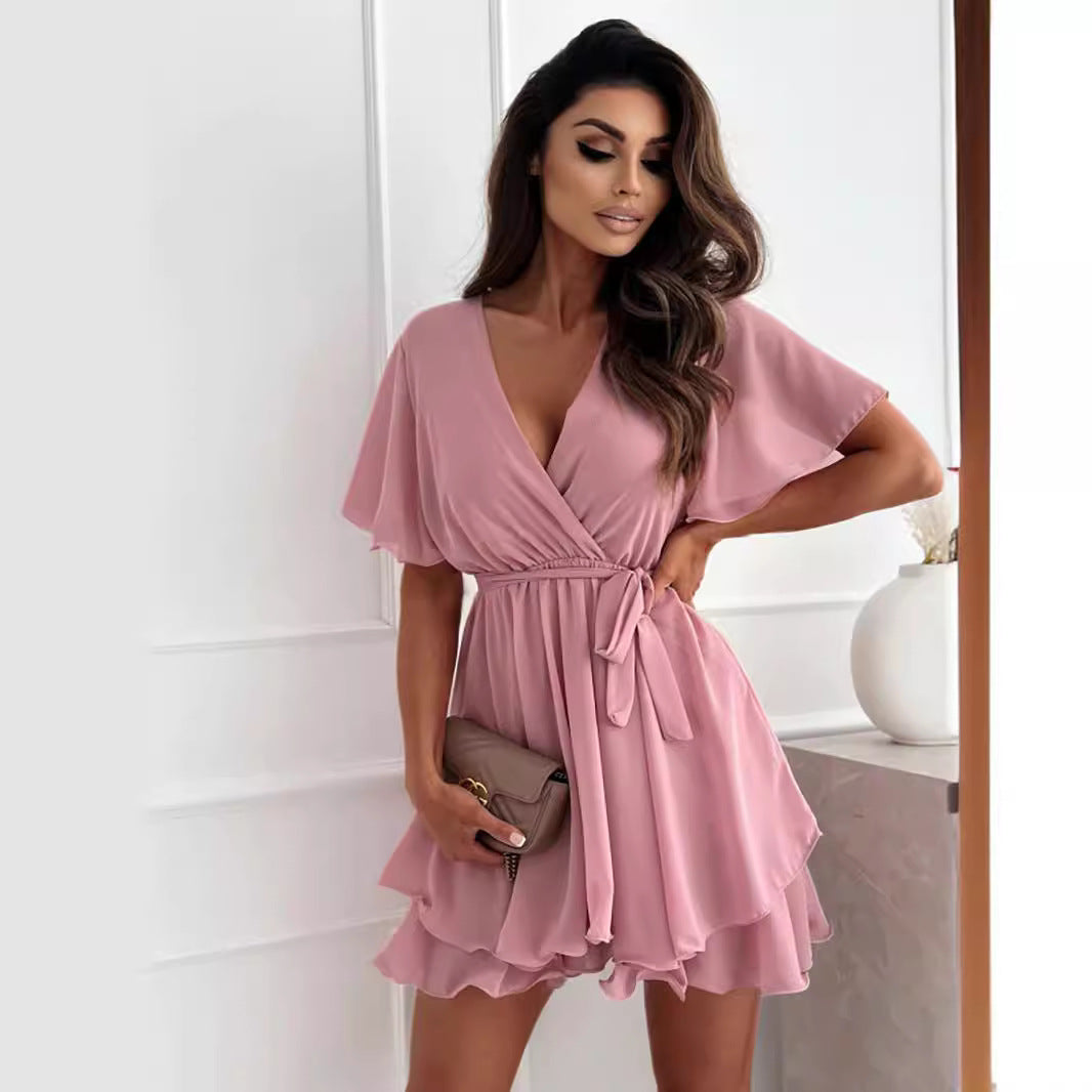 Kvinnors Miniklänning A-linjeformad med Ruffle Detaljer Polyester-3