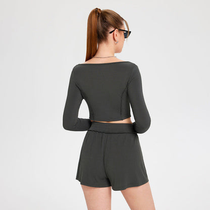 Dam Hemset Långärmad Topp och Tre-Fjärdedelsbyxor Polyester Avslappnad-5