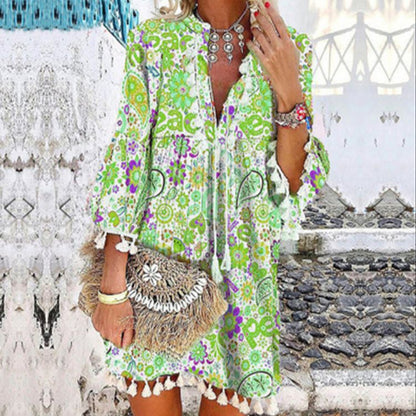 Kvinna Midi Klänning V-ringad Polyester A-Line Rüschensleeve-4