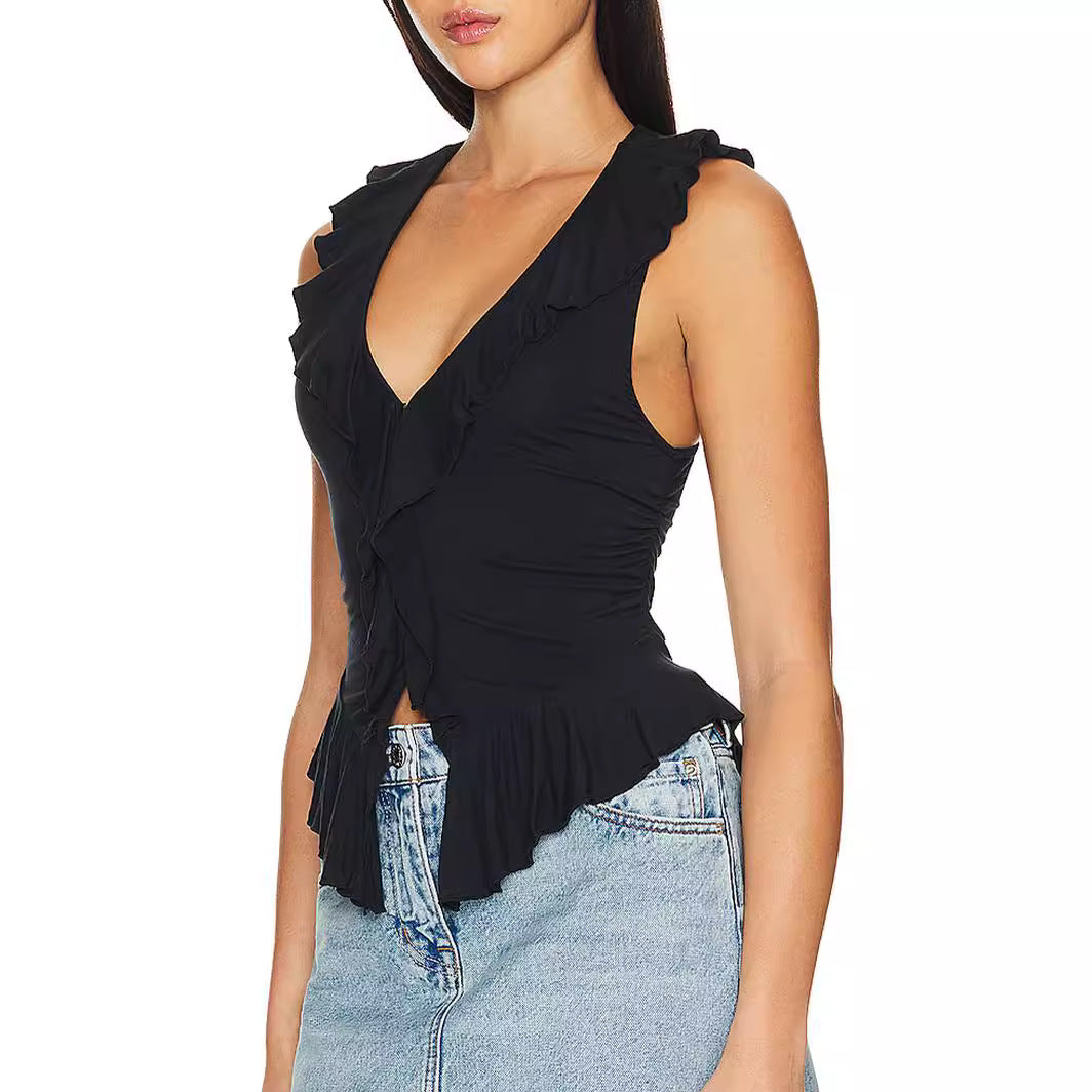 Dam Skjorta Ärmlös Volang Polyester V-Ringning-4