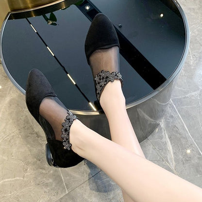 Ballerinaskor Dam med Transparent Mesh och Konstnärlig Applikation – Bekväm Blockklack för Elegant Stil 4