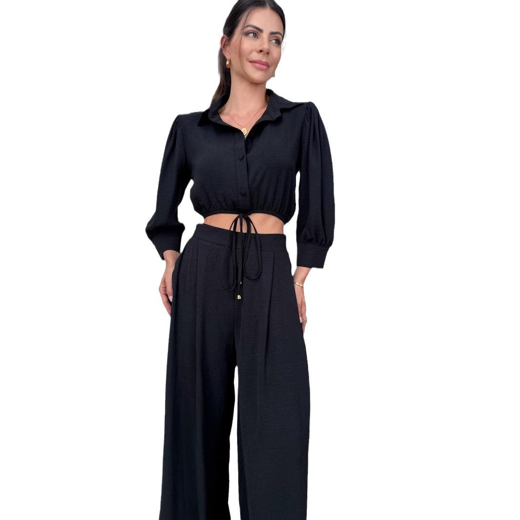 Tvådelat Set Dam Hög Midja Topp och Bred Byxa Polyester-4