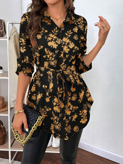 Dam Skjorta Långärmad Blommönstrad Polyester-1