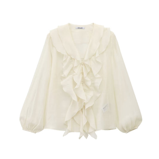 Fina Dam Klänningar med Ruffles Polyester Korta Ärmar-1