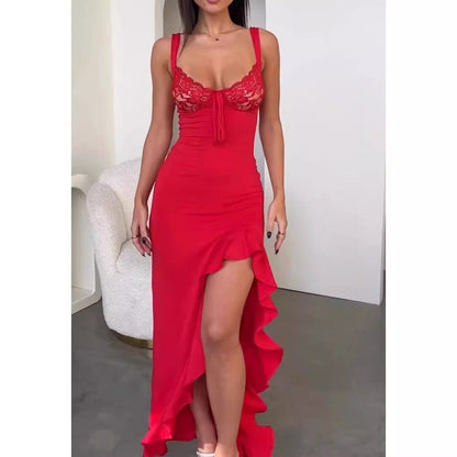 Kvinna Lång Klänning Ruffled Polyester-3