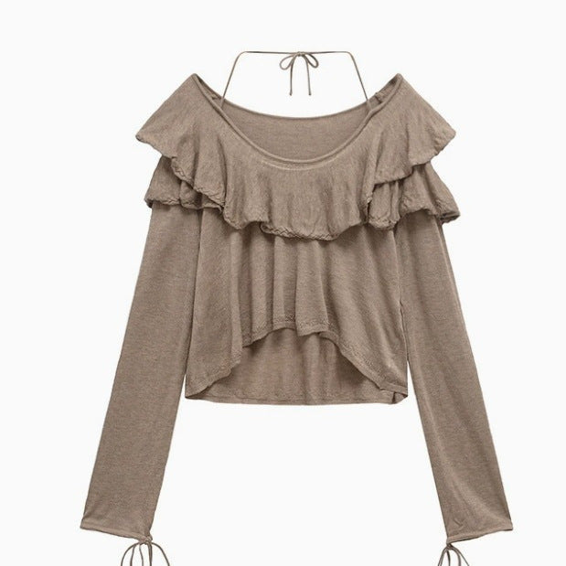 Kvinnors Beskuren Topp Ruffad Halsringning Långärmad Andningsbar Tyg-2