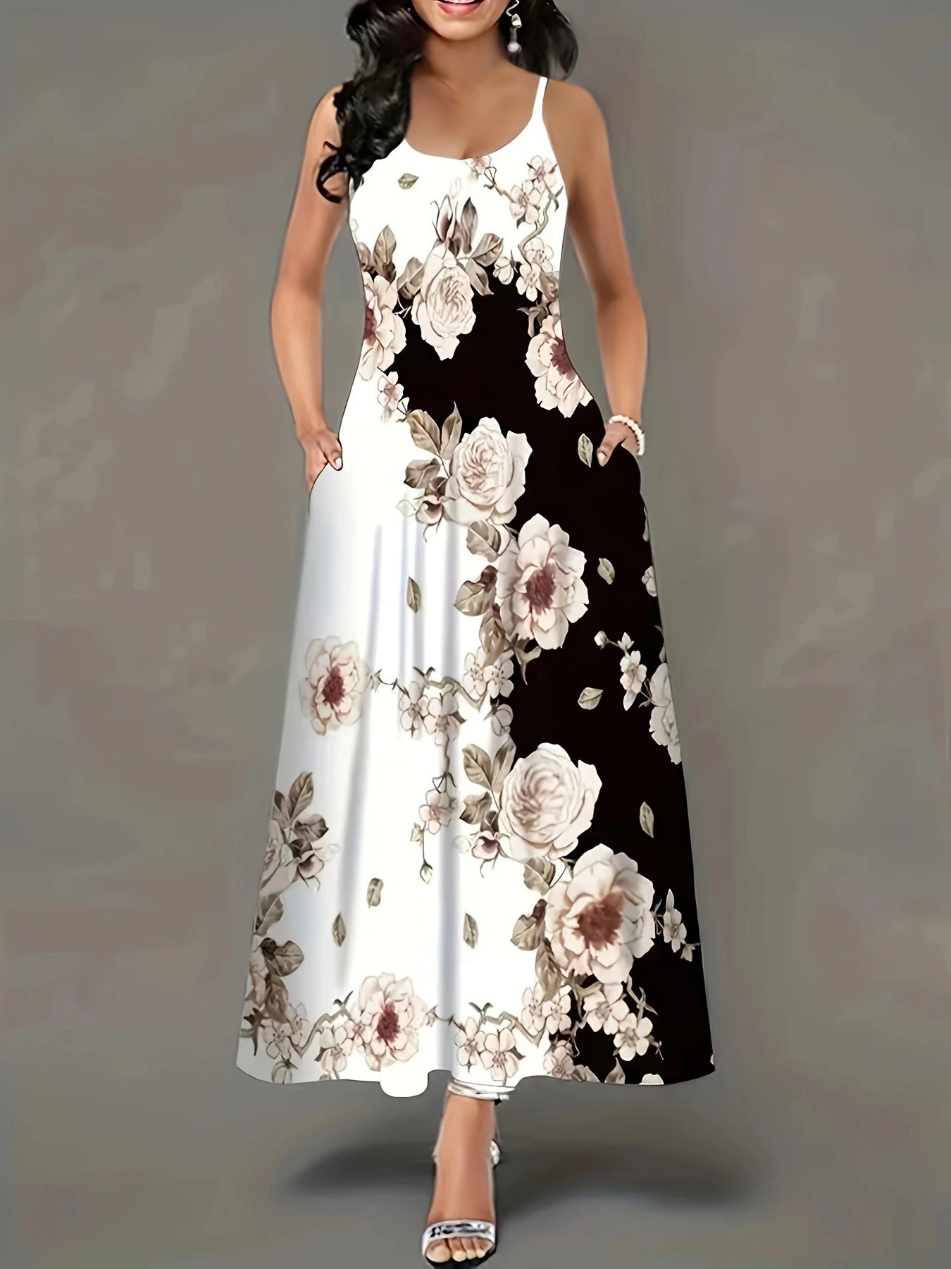 Variant image for Kvinnors A-Line Klänning Blommönster Spaghettiband Polyester-6