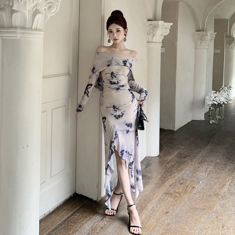 Dam Klänning Med Huva Fjärilstryck Långärmad Polyester-2