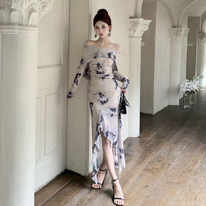 Dam Klänning Med Huva Fjärilstryck Långärmad Polyester-2