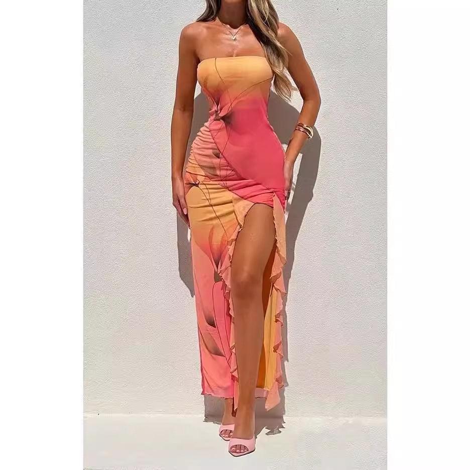 Damklänning Off-Shoulder Sidentryck Polyester Lång BodyCon-3