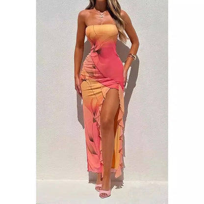 Damklänning Off-Shoulder Sidentryck Polyester Lång BodyCon-3